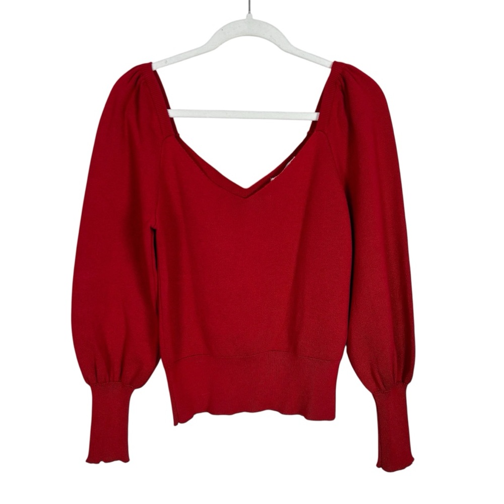 Anthropologie Sweetheart Puff Sleeve Sweater Small Red Balloon Sleeve Pullover - Picture 2 of 6